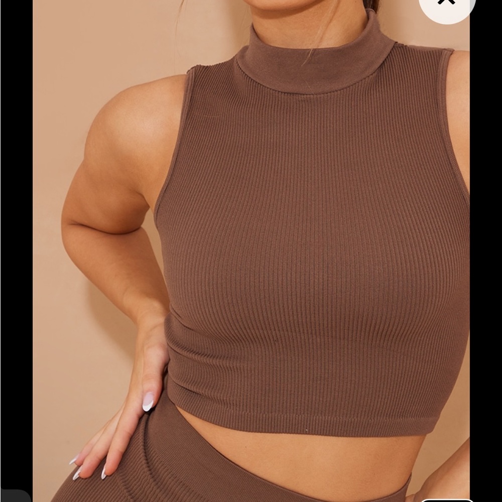 PRETTY LITTLE THING chocolate brown contour sleeveless high neck crop top